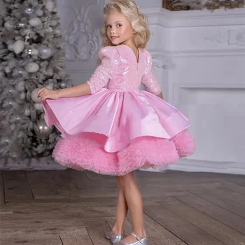 Детское праздничное платье на день рождения, детское рождественское платье, блестящий розовый тюль с пайетками, пышный рукав до половины с бантом, платье цветочницы для свадьбы