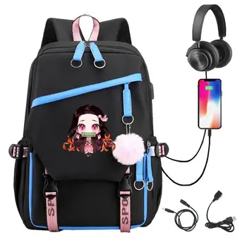 Рюкзак DemonSlayer с USB-портом для зарядки, школьная сумка, детский рюкзак большой емкости, аниме-сумка для книг, повседневный рюкзак для девочек