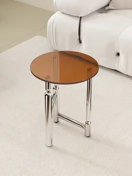 Журнальный столик Диван для маленькой квартиры, Приставной столик, Легкий Роскошный круглый Стеклянный Угловой столик в стиле ретро из нержавеющей стали