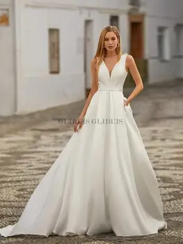  Белые Атласные Свадебные Платья для Женщин, Пляжные Платья Невесты в стиле Бохо С V-образным вырезом, Вечернее Платье vestidos de novia robe de mariée платье22