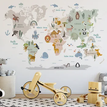 Наклейки на стены с животными на карте мира для детских комнат, украшение детской комнаты для мальчиков, обои с героями мультфильмов о джунглях, Виниловая наклейка на стены в детской