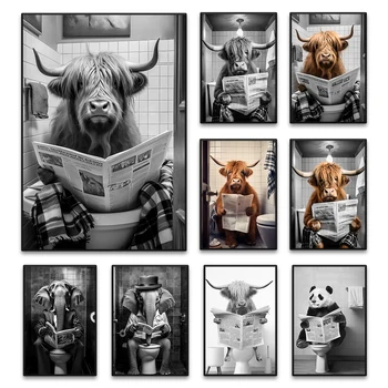 Забавная Шотландская Высокогорная Корова Читает Газету в Туалете Милое Животное Панда Слон Плакат для Ванной комнаты и Принты Настенных Художественных Картин
