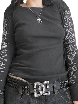 Женская рубашка с длинным рукавом Y2k, топы свободного кроя с ретро-принтом, эстетичный пуловер в стиле гранж, футболка, уличная одежда