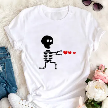 Скелет с сердечком Женская футболка с принтом из 100% хлопка Унисекс Забавный Новый Весенне-летний повседневный топ с коротким рукавом Рубашка на День Святого Валентина