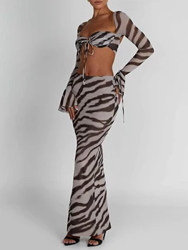 Женский комплект юбок из 2 предметов, топы с длинным рукавом и принтом зебры, на завязках, длинная облегающая юбка, комплекты с открытой юбкой Макси