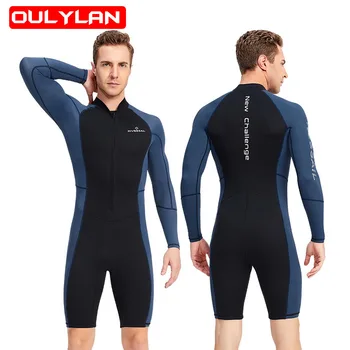Мужские гидрокостюмы Oulylan из неопрена и лайкры толщиной 1,5 мм, молния спереди, длинный рукав, короткая кожа для подводного плавания, серфинг, гребля на каноэ, купальный костюм